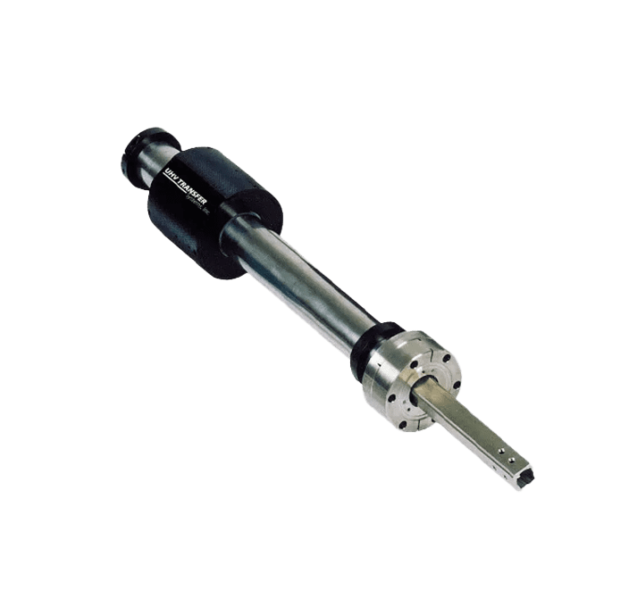 Metallic cylindrical industrial tool on black background.