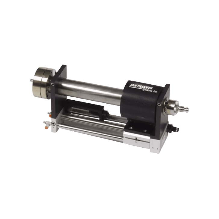 High-pressure syringe pump on black background.