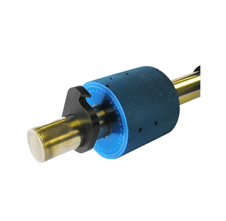 Gold and blue industrial machine part.