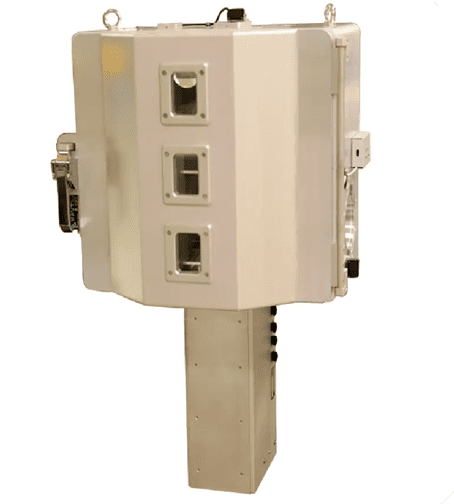 White industrial enclosure with three rectangular ports