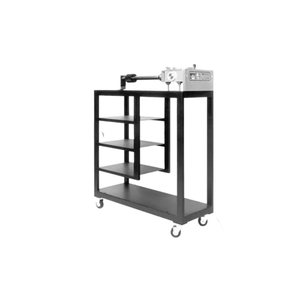 Wheeled black shelving cart with equipment